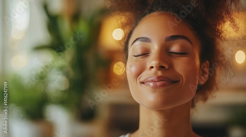 A serene moment of joy and tranquility, showcasing a young woman enjoying inner peace and happiness in a warm, cozy environment.