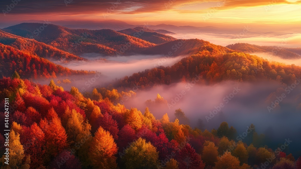Fototapeta premium Breathtaking Autumn Landscape with Vibrant Colors in a Mountainous Region Under a Dramatic Sunrise Sky and Misty Horizon, Showcasing Nature's Beauty and Tranquility