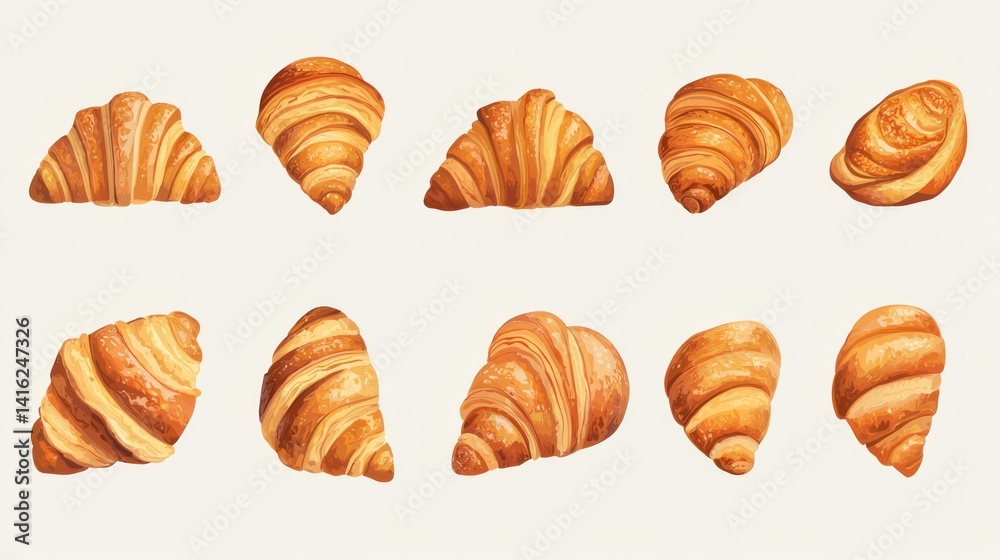 A collection of minimalist croissant icons for use in bakery branding, set against a clean background. A collection of minimalist croissant icons for use in bakery branding, set against a clean background.