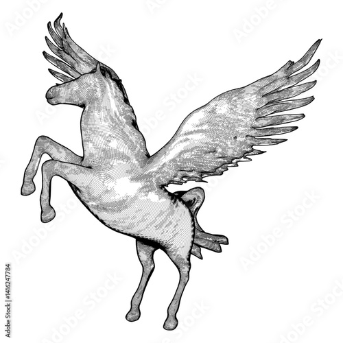 Pegasus Fly Horse Vector. A Vector Illustration Of A Flying Horse With Wings Isolated On A White Background.