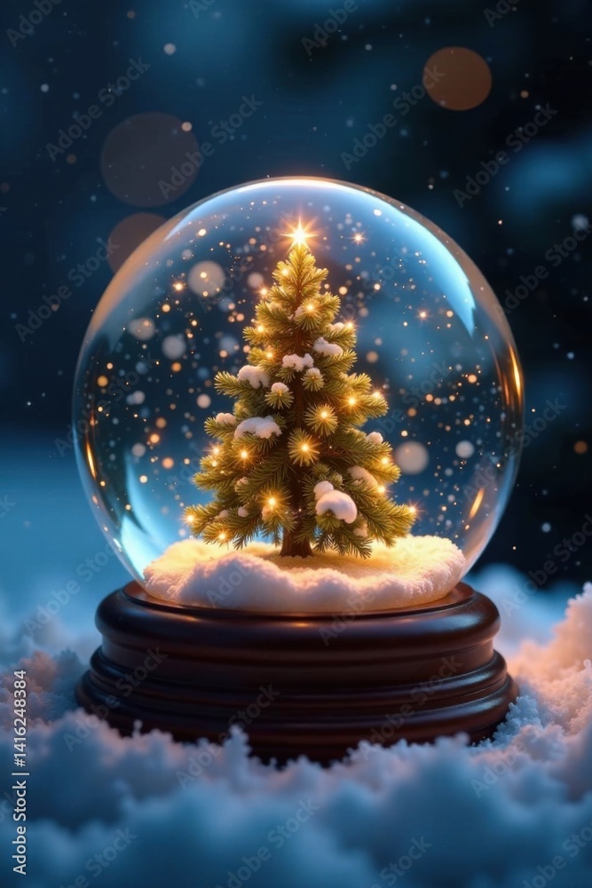 Sparkling snow globe with a glittering Christmas tree in the center, snowy, ornament Sparkling snow globe with a glittering Christmas tree in the center, snowy, ornament