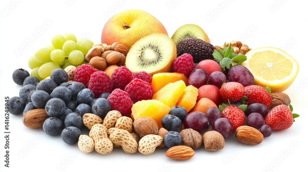 Vibrant assortment of fresh fruits and nuts including peaches kiwi grapes raspberries blueberries strawberries plums almonds and peanuts on white background Vibrant assortment of fresh fruits and nuts including peaches kiwi grapes raspberries blueberries strawberries plums almonds and peanuts on white background