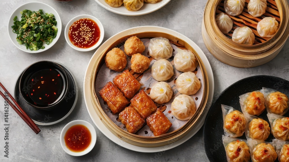 Chinese cuisine concept with dim sum and street food. Delicious assortment of dim sum served with various sauces and garnishes. Chinese cuisine concept with dim sum and street food. Delicious assortment of dim sum served with various sauces and garnishes.