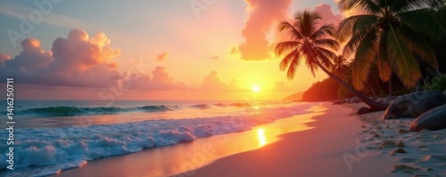 Sunset on a tranquil tropical beach with swaying palm trees and gentle ocean waves, serene, outdoor, sunset