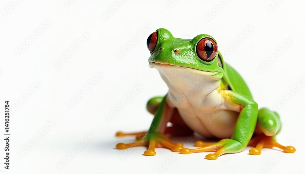 Obraz premium Green tree frog, vibrant skin, white background, wildlife, closeup