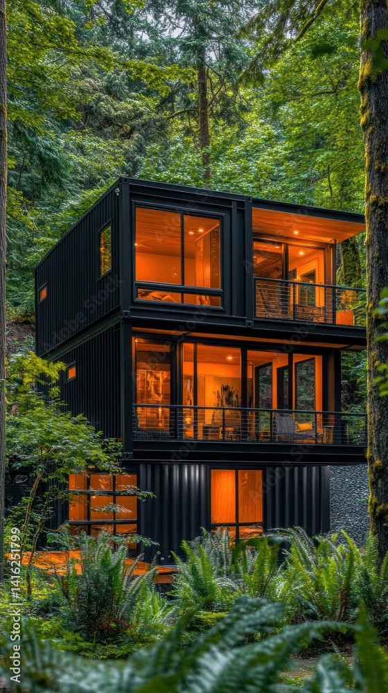 Fototapeta premium Modern container house nestled within the serene embrace of lush forest