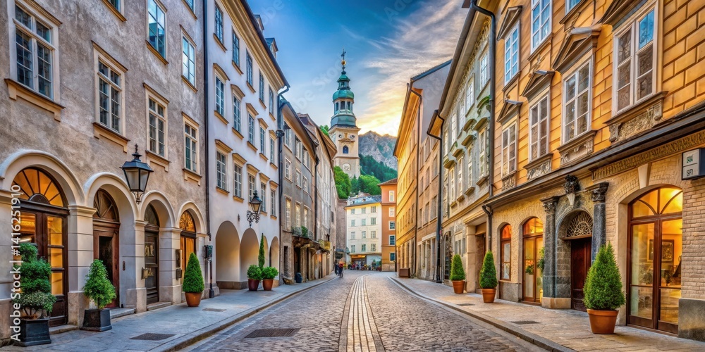 Fototapeta premium Narrow cobblestone street lined with historic buildings and ornate facades in the heart of Salzburg's Old Town , cobblestone street, old town