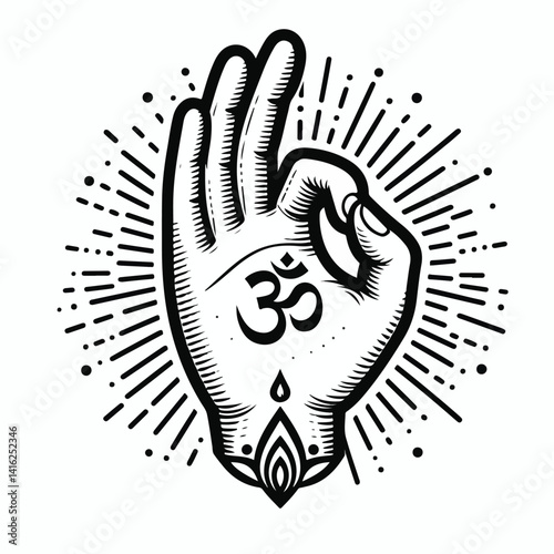 Hand with Om Symbol Illustrations: Yoga Mudras and Spirituality