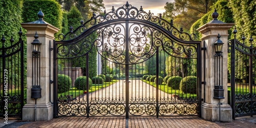 Elegant wrought-iron fence with ornate gate entrance, wrought iron fence