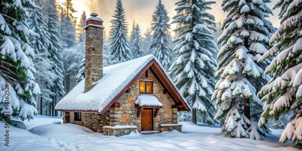 Cozy stone chimney in a winter forest surrounded by snow-covered trees and serene foliage , chalet, secluded, chalet, secluded Cozy stone chimney in a winter forest surrounded by snow-covered trees and serene foliage , chalet, secluded, chalet, secluded