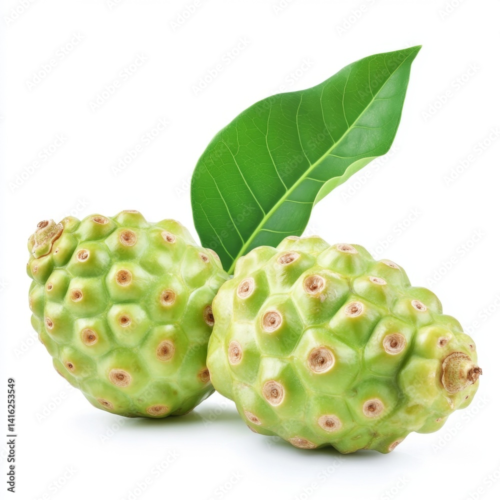 Fototapeta premium Fresh, vibrant green fruit with bumpy texture and leaf