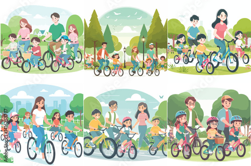 Family and Kids Cycling Together Outdoors Illustrations