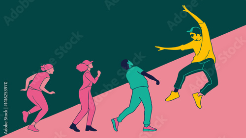 vector illustration silhouettes of expressive dance colorful group of people dancing. Jazz funk, hip-hop, house dance. Dancer man jumping on dark pink - green  background. 