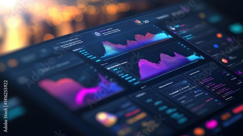 Close-up view of a data dashboard featu multicolored charts and graphs on a computer screen with a blurred background highlighting numerical insights