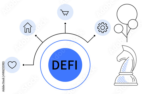 DEFI hub with icons for home, heart, gear, cart connected by lines. Chess knight symbolizing strategy, balloons as innovation metaphor. Ideal for finance, blockchain, economy technology strategy