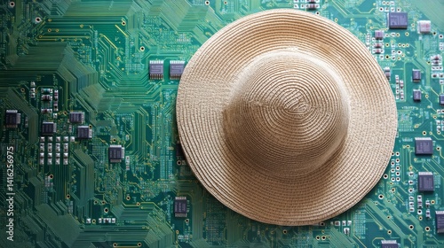 Summer hat on tech: a straw sun hat rests on a vibrant circuit board background blending relaxation with technology in a unique conceptual composition 