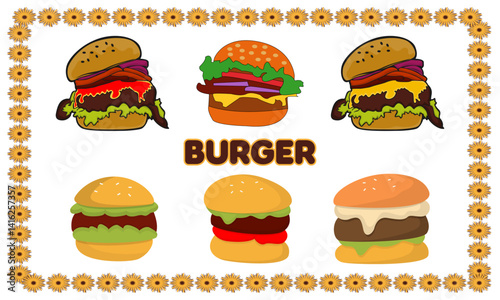  Collection of burger icons set in flat style vector illustration. Delicious-looking hamburgers with all the fixings.