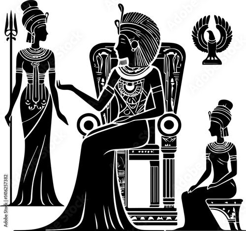 Ancient Egypt royalty discussing important matters in black silhouette  
