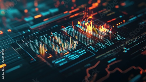 Abstract digital visualization featu dynamic data streams, intricate graphs, and a dark technological interface with glowing orange and teal accents