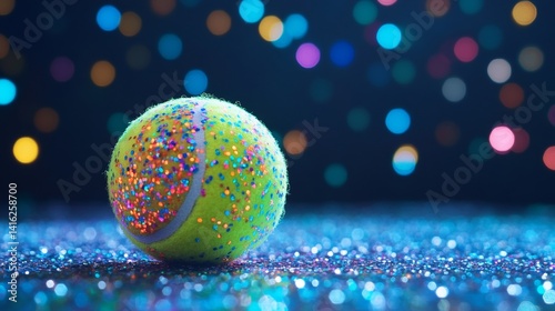 Festive tennis ball with colorful glitter explosions against a sparkling background perfect for celebrations sports events or energetic visuals offering vibrant and joyful imagery 