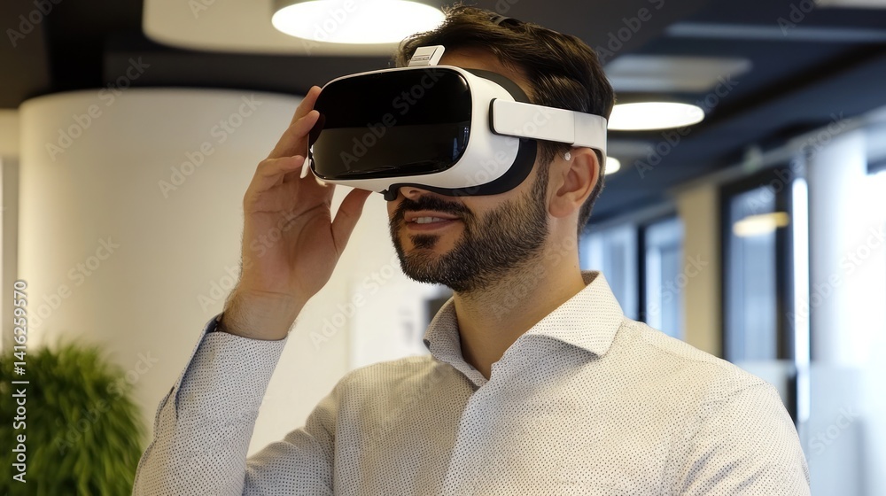 A young man experiences virtual reality in an office setting, showcasing modern technology and immersive experiences in the workplace. A young man experiences virtual reality in an office setting, showcasing modern technology and immersive experiences in the workplace.