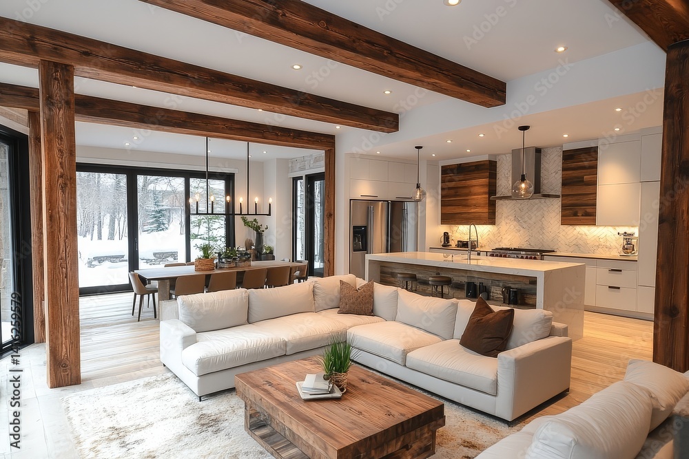 Fototapeta premium Modern living room with white and dark wood accents, open-concept design, large grey couches, elegant coffee table, and kitchen with stainless steel appliances.