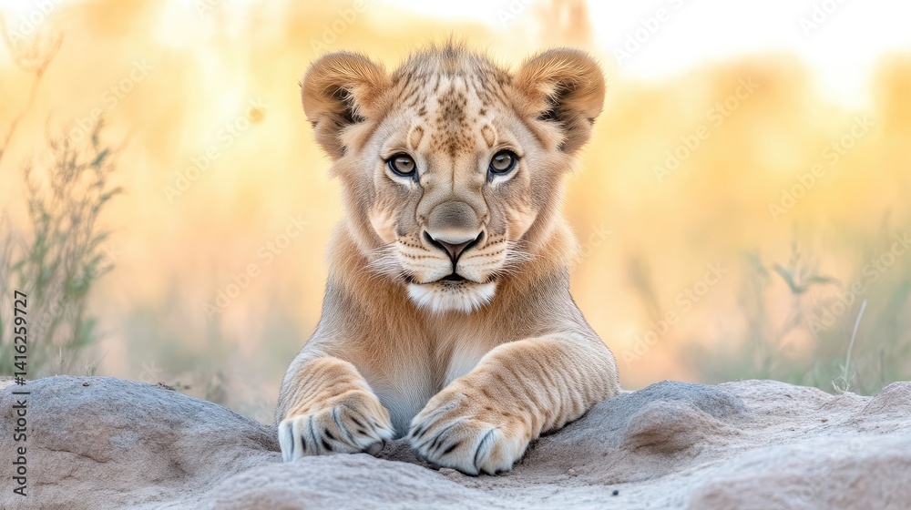 Obraz premium A young lion cub rests