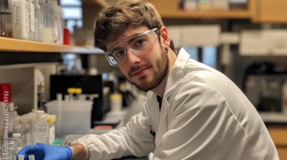 Obraz premium A young scientist in a lab coat works with laboratory equipment, showcasing dedication to research and discovery in a modern laboratory.