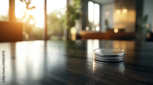 Two shiny silver coins elegantly stacked on a dark wooden table in a well-lit modern home interior showcasing contemporary design and decor elements.