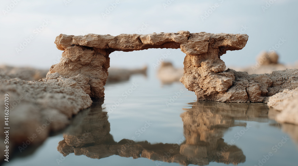 Natural Stone Bridge: A weathered natural stone bridge arches over a calm body of water, its reflection mirrored perfectly on the surface.