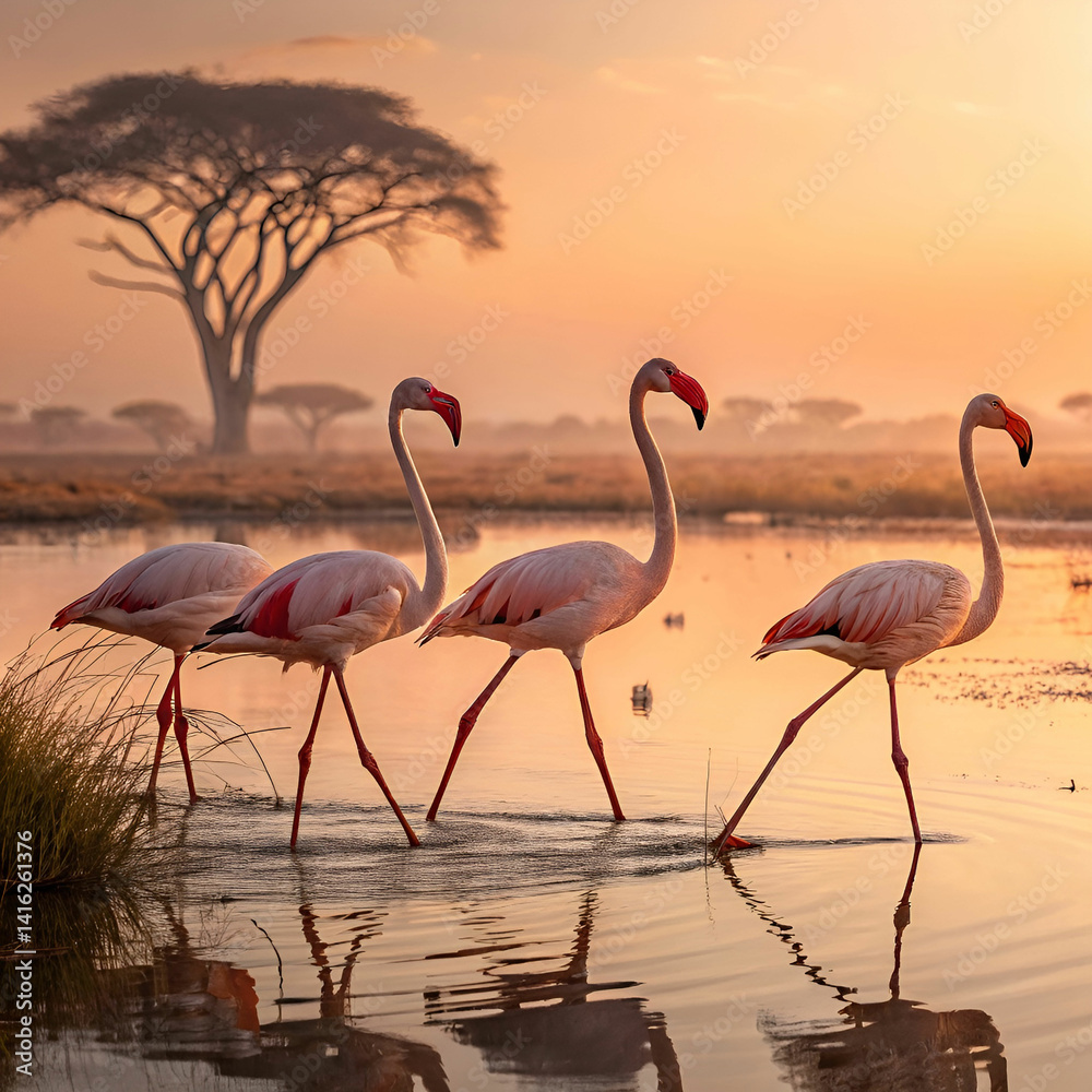 Naklejka premium Flamingos in African wetlands, a breathtaking ultra-realistic scene with a group of elegant flamingos 