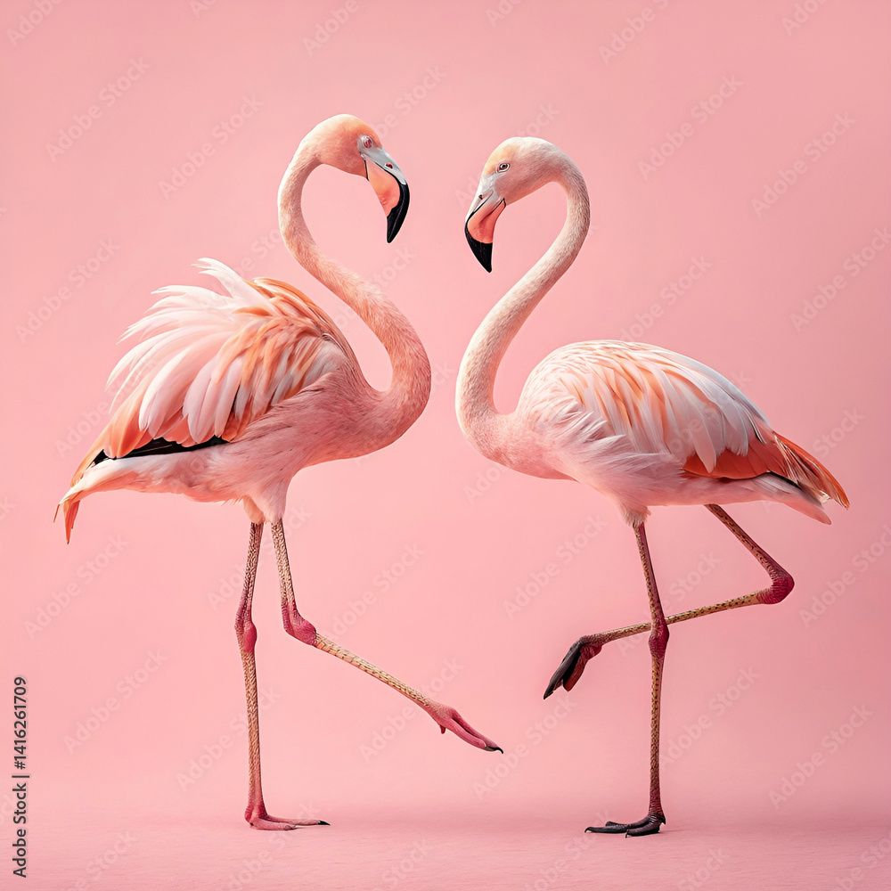 Fototapeta premium Flamingos, ultra-realistic image of two flamingos standing gracefully in shallow water, their vibrant pink feathers reflecting in the calm water, with lush greenery and soft light in the background.