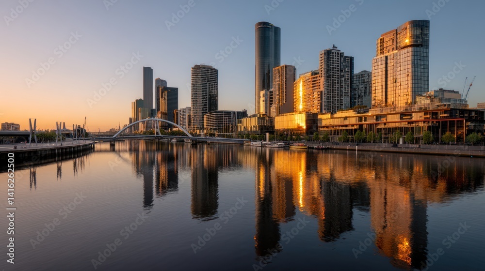 Stunning urban skyline reflecting in calm waters at sunset, showcasing modern architecture and vibrant city life. Stunning urban skyline reflecting in calm waters at sunset, showcasing modern architecture and vibrant city life.