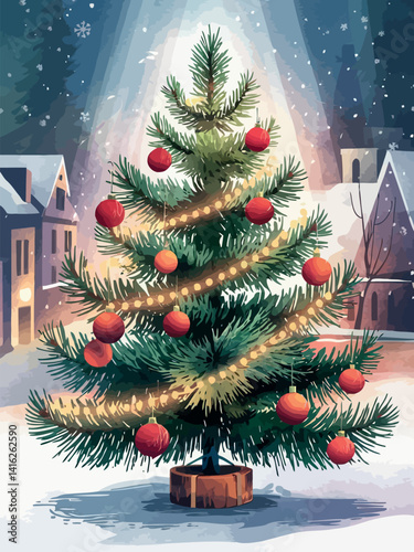  a charming watercolor or digital painting style, depicting a beautifully decorated Christmas tree standing prominently outdoors.