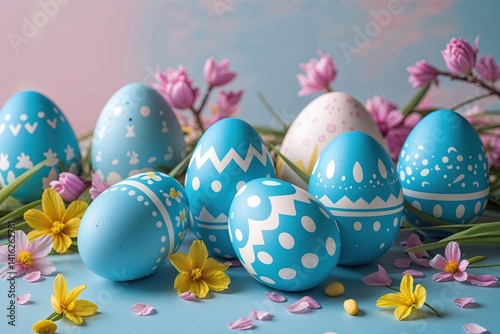 Vibrant Blue Easter Eggs on Soft Pastel Background for Joyful Spring Festivities