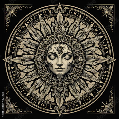 occult ethnic logos, amalgamation of sun gods, ornaments, and nature