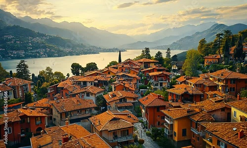Picturesque Italian village nestled on a hillside overlooking a serene lake and mountains at sunset photo