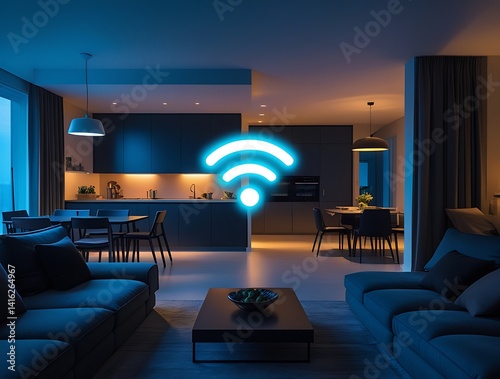 Smart home interior with glowing Wi-Fi symbol representing fast wireless internet connection, modern technology integration, and digital lifestyle in contemporary living spaces

