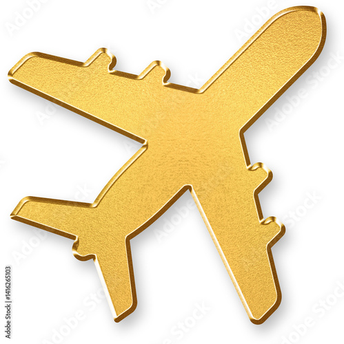 Gold Airplane Icon – 3D Glossy Golden Aircraft Symbol with Metallic Shine and Shadowed Effect for Travel, Flights, Tourism, and Transportation Design Concepts