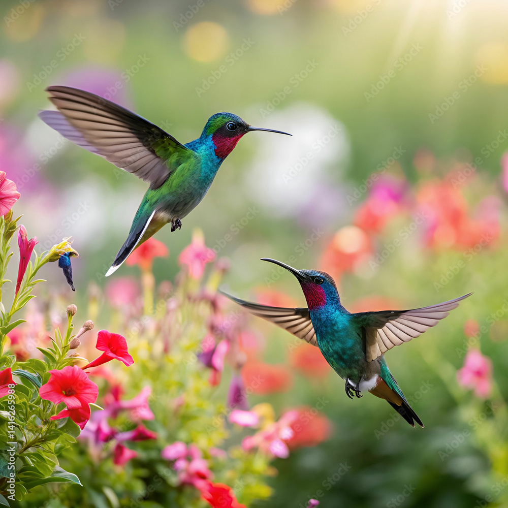 Fototapeta premium Hummingbirds, full-frame image of two hummingbirds in flight, captured mid-hover with iridescent feathers shimmering in the light, surrounded by vibrant flowers and lush greenery.