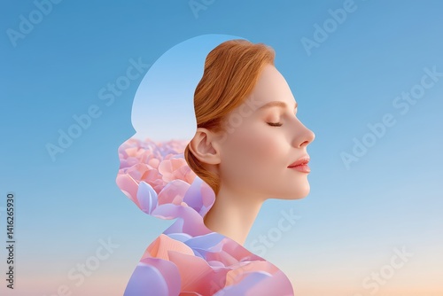 Serene portrait of a woman amidst dreamy petals outdoor conceptual art tranquil view