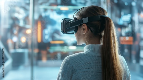 Woman experiencing virtual reality: immersive gaming in a futuristic world with headset exploring digital landscapes against a high tech background