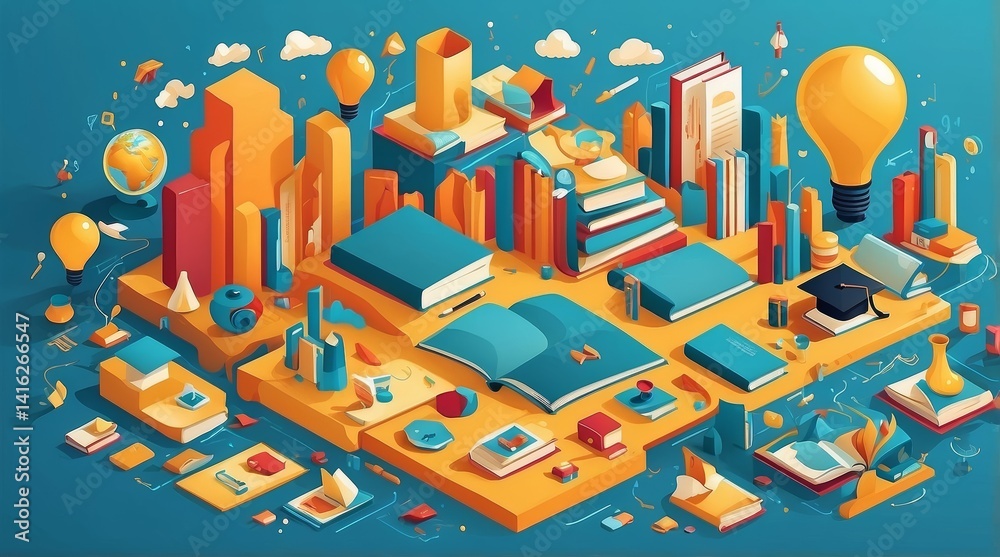 Naklejka premium Vibrant Isometric Vector of Digital Learning Icons in a Geometric Educational Environment