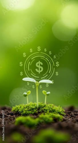 Concept of financial business growth and success shown through a sapling with dollar signs leaves. The plant grows on moss, a green nature background environment and investment potential.