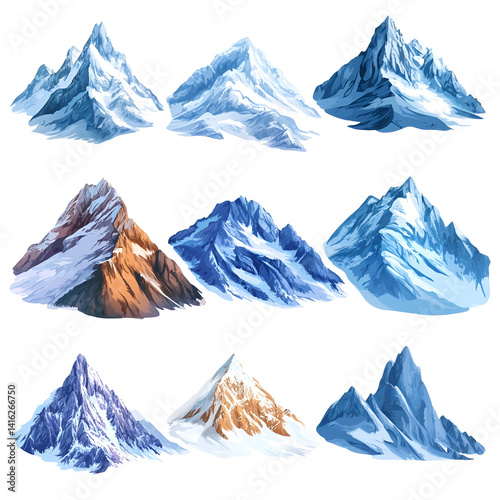 Twelve stunning snow capped mountain peaks illustrations