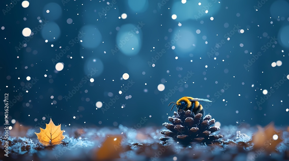 Fototapeta premium Bee on Pinecone in Winter Snow, A lone bee rests on a pinecone amidst falling snow.