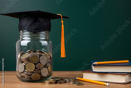 Student success scholarships aimed at alleviating education costs. A glass jar full of coins and a graduation cap symbolize both investment in education and saving for college.