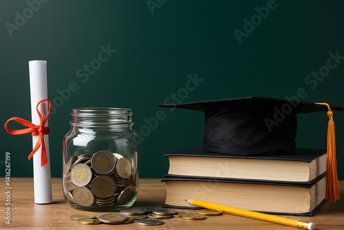 Student success scholarships aimed at alleviating education costs. A glass jar full of coins and a graduation cap symbolize both investment in education and saving for college.
