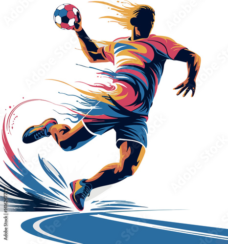  a dynamic and stylized illustration of a male handball player captured in mid-air during an energetic play.