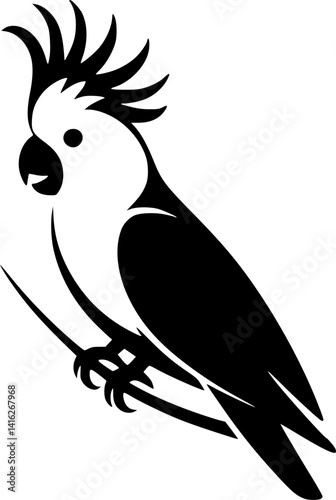 Black and white vector illustration of a wild bird Parrot  with feathers on a tree branch
